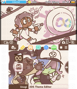 Splatoon characters. Top screen is the default screen type, bottom screen is animated (not shown here). Custom file, folder and icon graphics included.