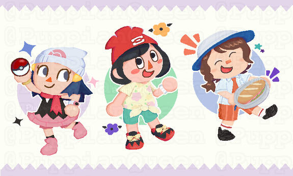 Dawn, Selene and Juliana (Pokemon) in the styles of City Folk, New Leaf, and New Horizons.