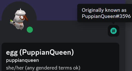 Discord profile screenshot. The display name is "egg (PuppianQueen)". The username is "puppianqueen". The listed pronouns are "she/her (any gendered terms ok)". An icon to the side reads, "Originally known as PuppianQueen#3596".